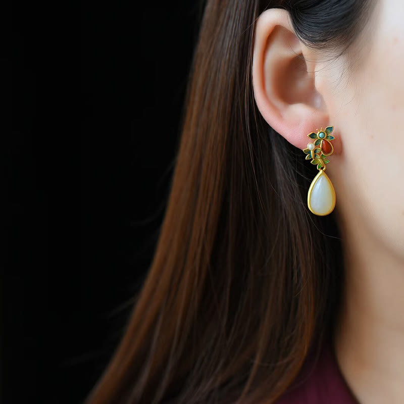 KarmaRipple's Water Drop Ivory Jade Red Agate Butterfly Protection Drop Dangle Earrings p5
