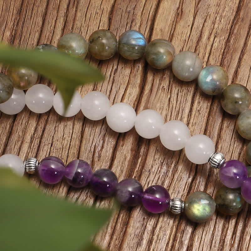 KarmaRipple's 108 Mala Beadwork Ivory Agate Amethyst Black Glitter Stone Protection Bracelet p7