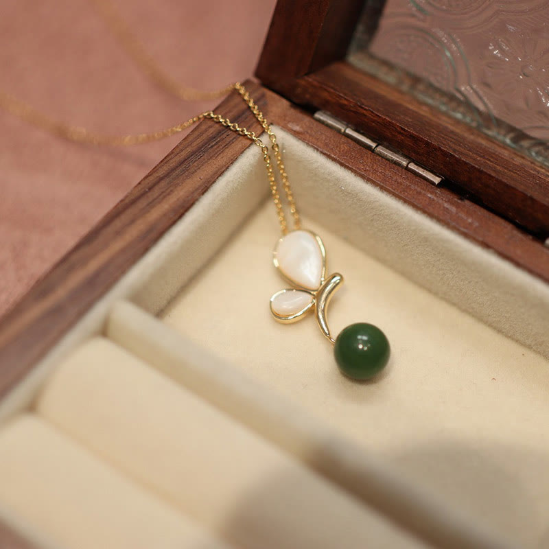 KarmaRipple's Authentic Butterfly Tridacna Stone Cyan Jade Bronze Plated Gold Calm Pendant Necklace Ring Earrings Set p6