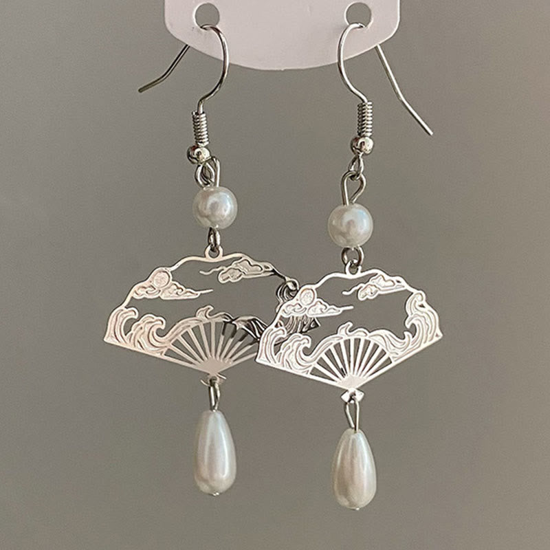 KarmaRipple's Bronze Fan Auspicious Clouds Pearl Balancing Drop Earrings p3