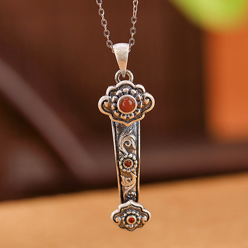 KarmaRipple's 925 Sterling Silver Red Agate Cyan Jade Auspicious Clouds Ruyi Handle Blessing Pendant Necklace p4