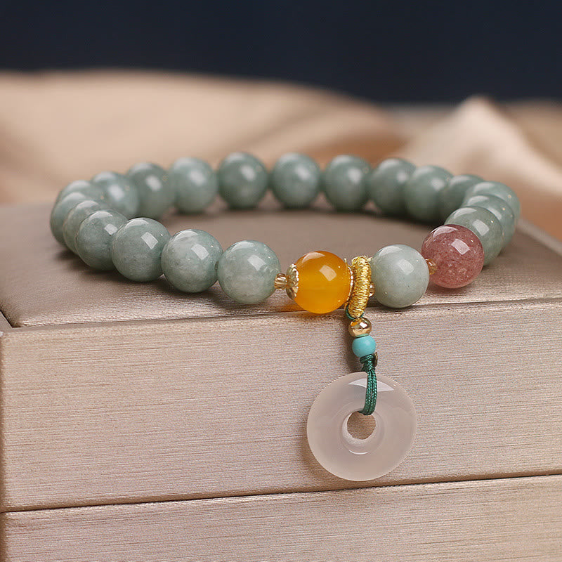 KarmaRipple's Authentic Jade Strawberry Quartz Bead Peace Buckle Prosperity Bracelet p3