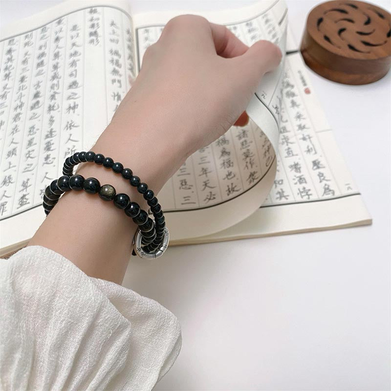 KarmaRipple's 999 Sterling Silver Black Obsidian Fulfillment Strength Double Layer Bracelet p8