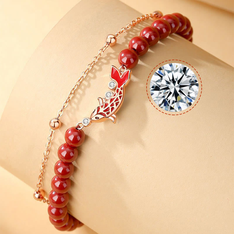 KarmaRipple's 925 Sterling Silver Fortunate Koi Fish Cinnabar Zircon Prosperity Double Layer Chain Bracelet p10