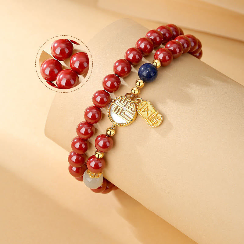 KarmaRipple's 925 Sterling Silver Cinnabar Tridacna Stone Fu Character Double Wrap Blessing Bracelet p4