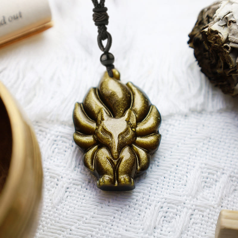 KarmaRipple's Authentic Fluorite Gold Sheen Obsidian Fox Necklace Protection Pendant p11