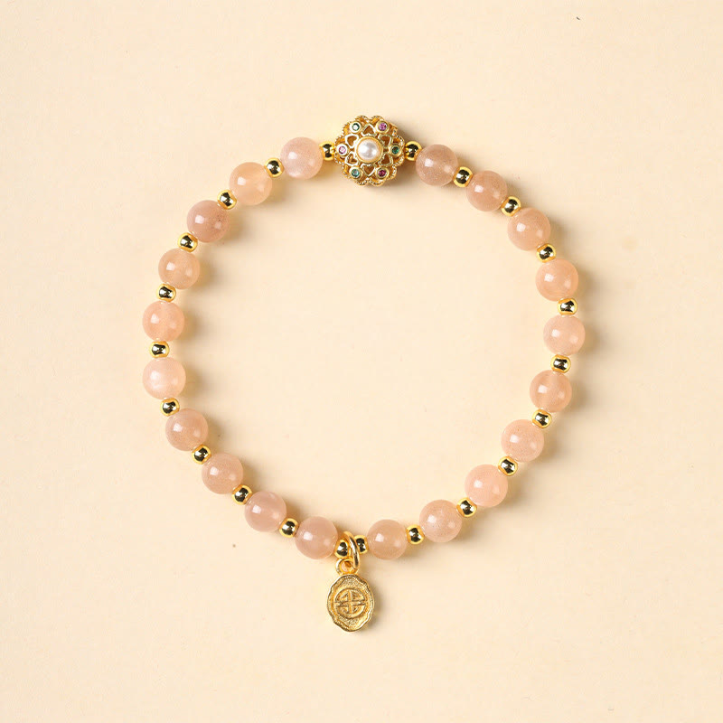 KarmaRipple's 14K Gold Plated Authentic Strawberry Quartz Labradorite Sun Stone Fu Character Positive Talisman Bracelet p3
