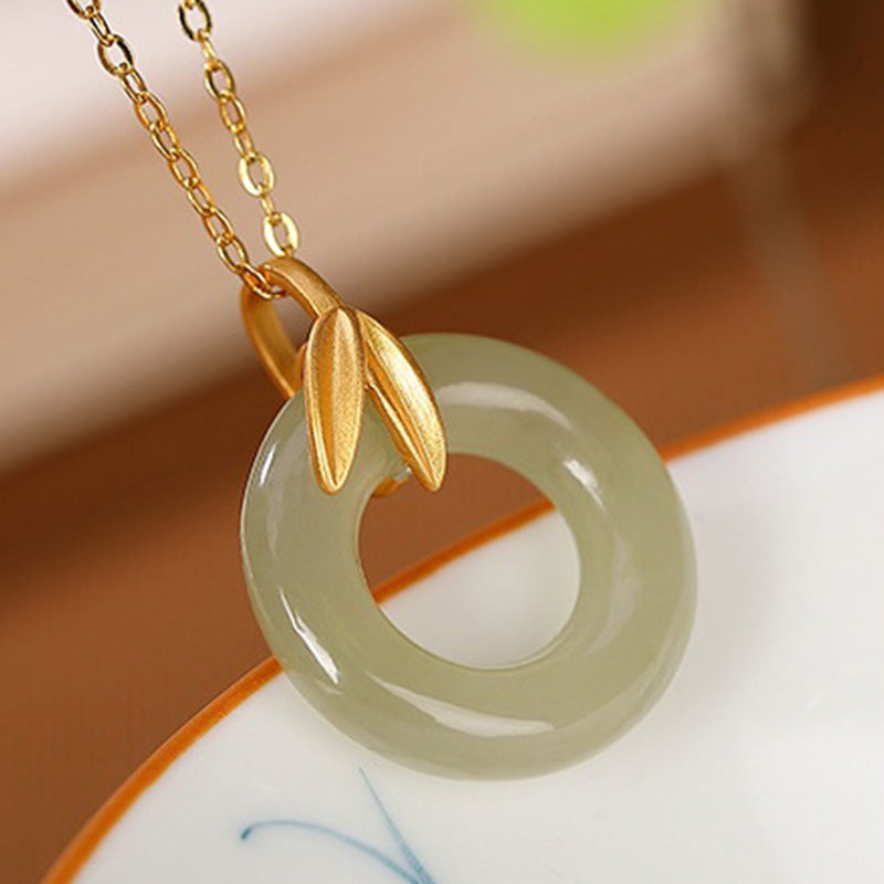 KarmaRipple's 925 Sterling Silver Cyan Jade Peace Buckle Bamboo Leaf Balance Pendant Necklace p4