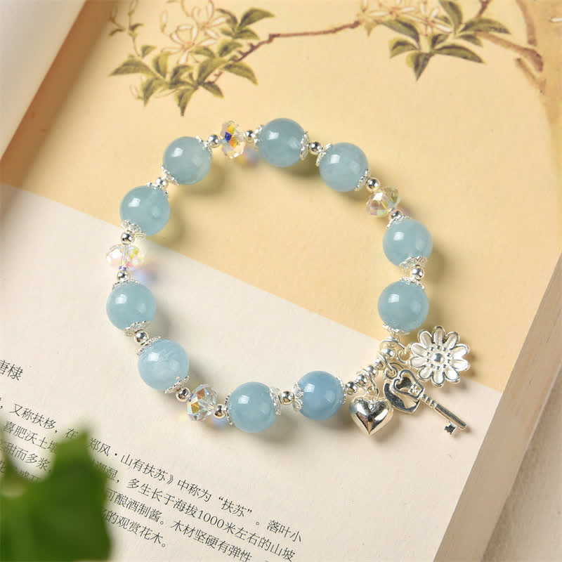 KarmaRipple's 925 Sterling Silver Authentic Aquamarine Serenity Flower Love Key Talisman Bracelet p2