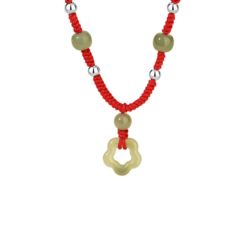 KarmaRipple's 925 Sterling Silver Authentic Hetian Cyan Jade Flower Pentagram Fortune Red Rope Pendant Necklace Bracelet Set p11