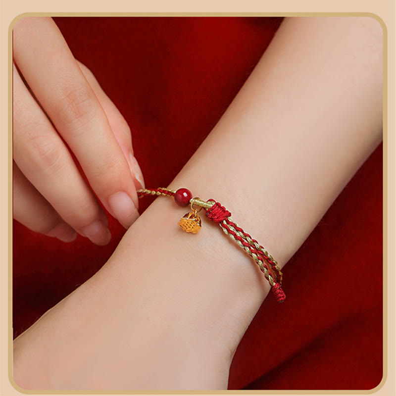 KarmaRipple's Handmade 925 Sterling Silver Lotus Cinnabar Gold Bead Blessing Braid Bracelet p12