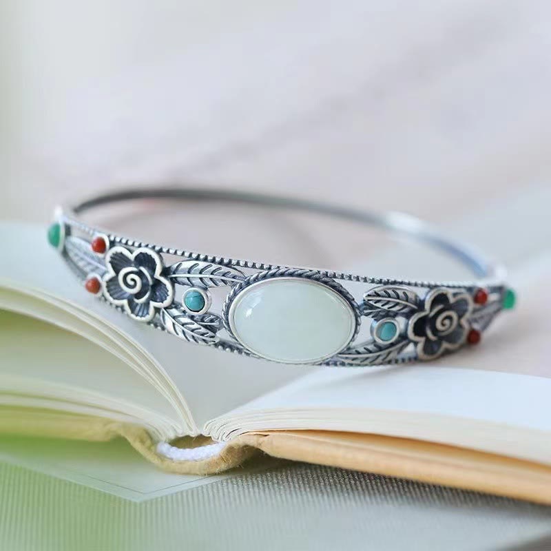 KarmaRipple's Cyan Jade Ivory Jade Flower Leaf Balance Fortune Bracelet Bangle p3