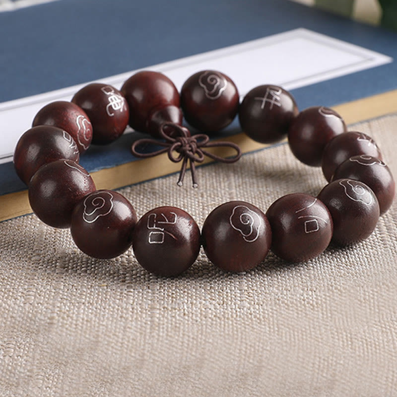 KarmaRipple's 925 Sterling Silver Inlaid Small Leaf Red Sandalwood Om Mani Padme Hum Character Auspicious Clouds Protection Bracelet p13
