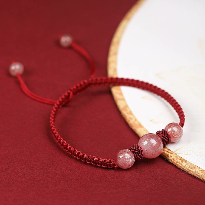 KarmaRipple's Authentic Strawberry Quartz Gemstone Love Red String Weave Bracelet Anklet ( p8