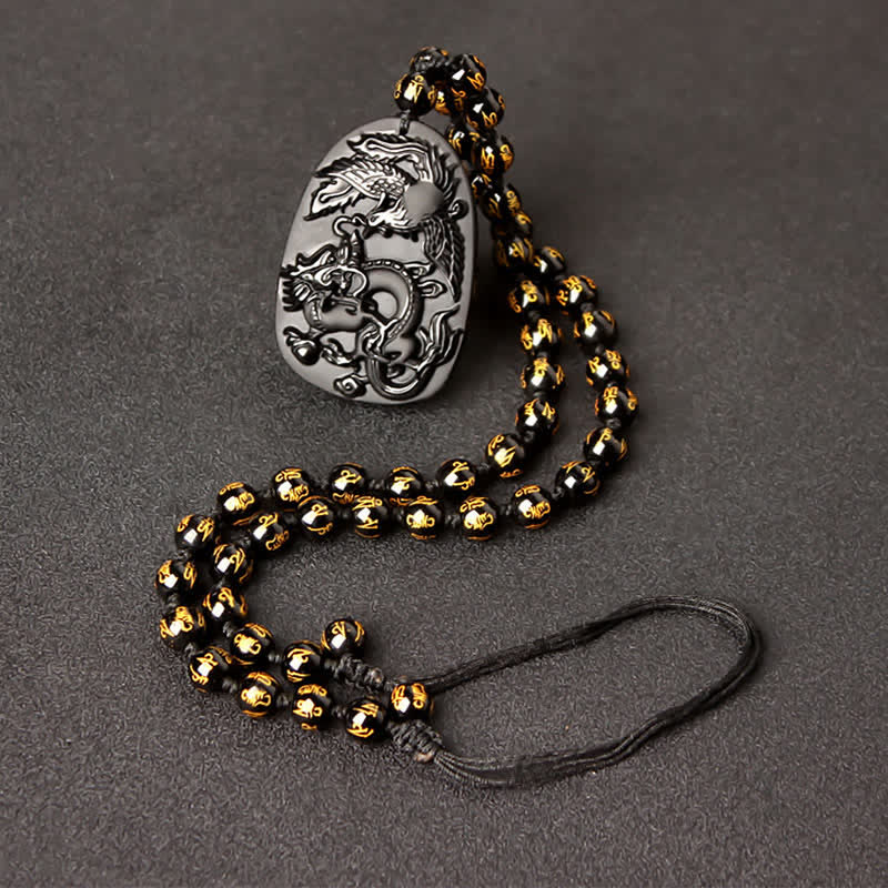 KarmaRipple's Black Obsidian Tiger Eye Dragon Phoenix Protection Beaded Pendant Necklace p5