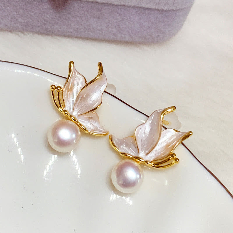 KarmaRipple's 925 Sterling Silver Posts Bronze Plated Gold Authentic Pearl Bead Butterfly Wisdom Stud Earrings p1