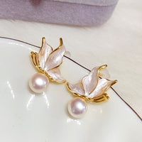 KarmaRipple's 925 Sterling Silver Posts Bronze Plated Gold Authentic Pearl Bead Butterfly Wisdom Stud Earrings