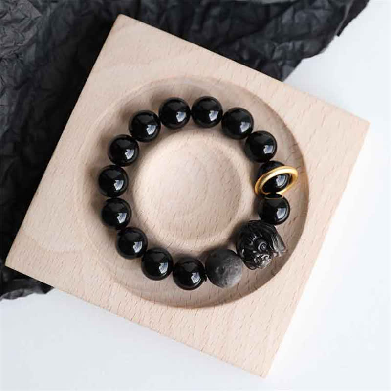 KarmaRipple's Black Obsidian Silver Sheen Obsidian Lion Strength Bracelet p1