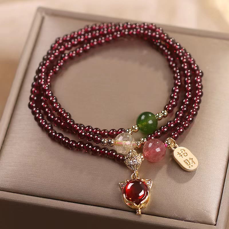 KarmaRipple's Authentic Garnet Strawberry Quartz Gemstone Fox Koi Fish Peace Buckle Fortune Protection Triple Wrap Bracelet p5