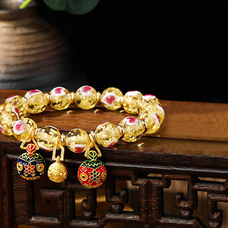 KarmaRipple's Gold Swallowing Beast Family Pink Love Heart Luminous Fluorescent Liuli Glass Bead Bracelet p29