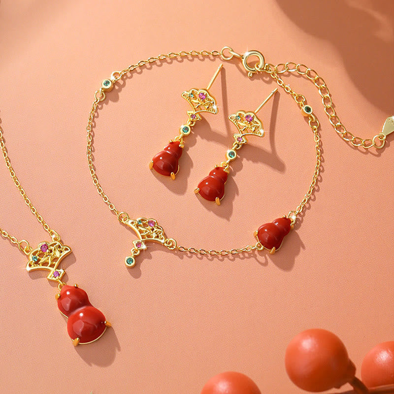 KarmaRipple's 925 Sterling Silver Red Agate Gourd Auspicious Clouds Confidence Bracelet Pendant Necklace Earrings Set p1
