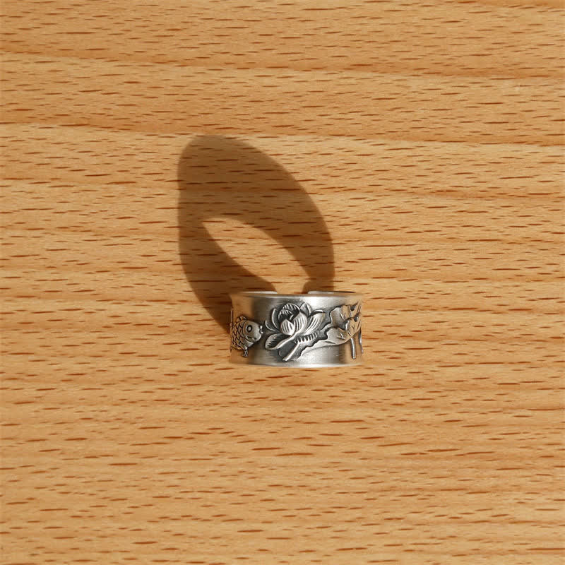 KarmaRipple's 999 Sterling Silver Fortune Koi Fish Lotus Heart Sutra Wealth Ring p14