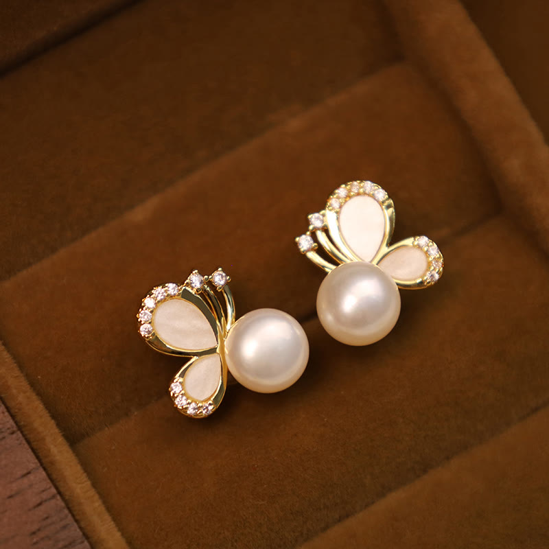 KarmaRipple's 925 Sterling Silver Posts 18K Gold Plated Bronze Authentic Pearl Butterfly Zircon Balancing Stud Earrings p6