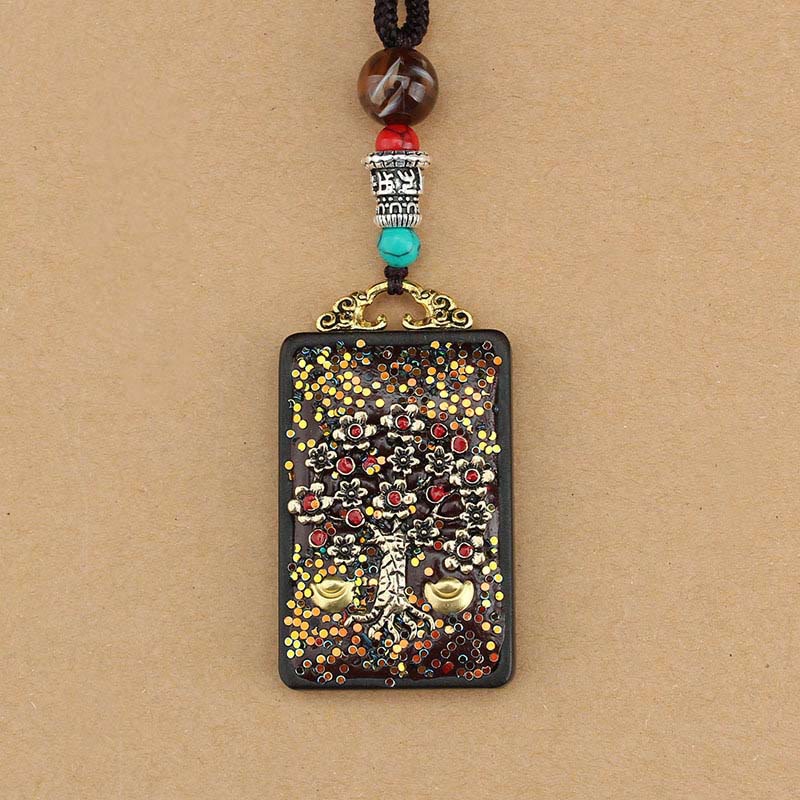 KarmaRipple's Tibet God Of Wealth Money Tree Golden Phoenix Thangka Ebony Peace Pendant Necklace p12
