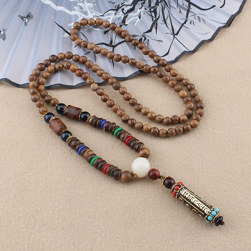 KarmaRipple's Tibetan Om Mani Padme Hum Dzi Bead Wenge Wood Pendant Necklace p1