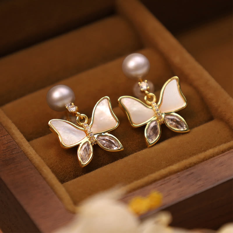 KarmaRipple's 18K Gold Plated Bronze Authentic Shell Pearl Butterfly Sincerity Stud Earrings p8