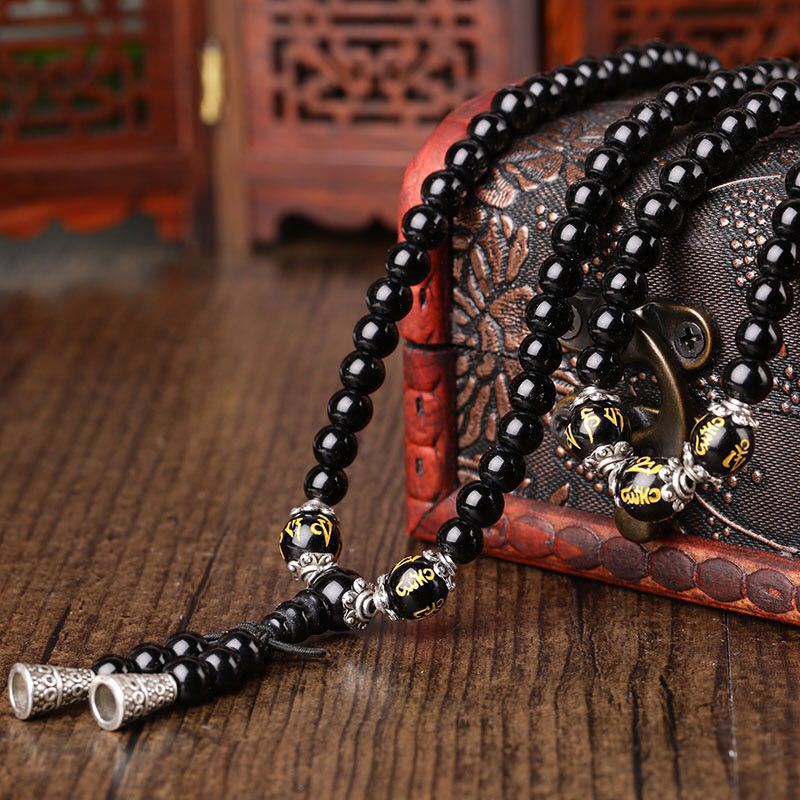 KarmaRipple's Black Obsidian Six True Words Protection Mala Bracelet p4