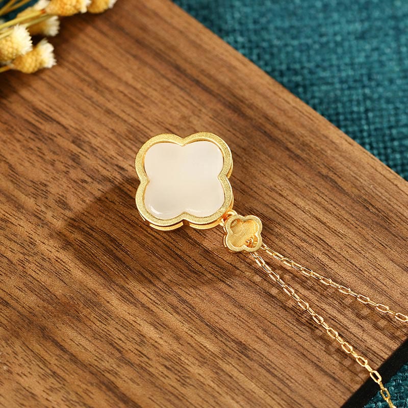 KarmaRipple's 24K Gold Plated Ivory Jade Four Leaf Clover Plum Blossom Fortune Pendant Necklace Earrings p5