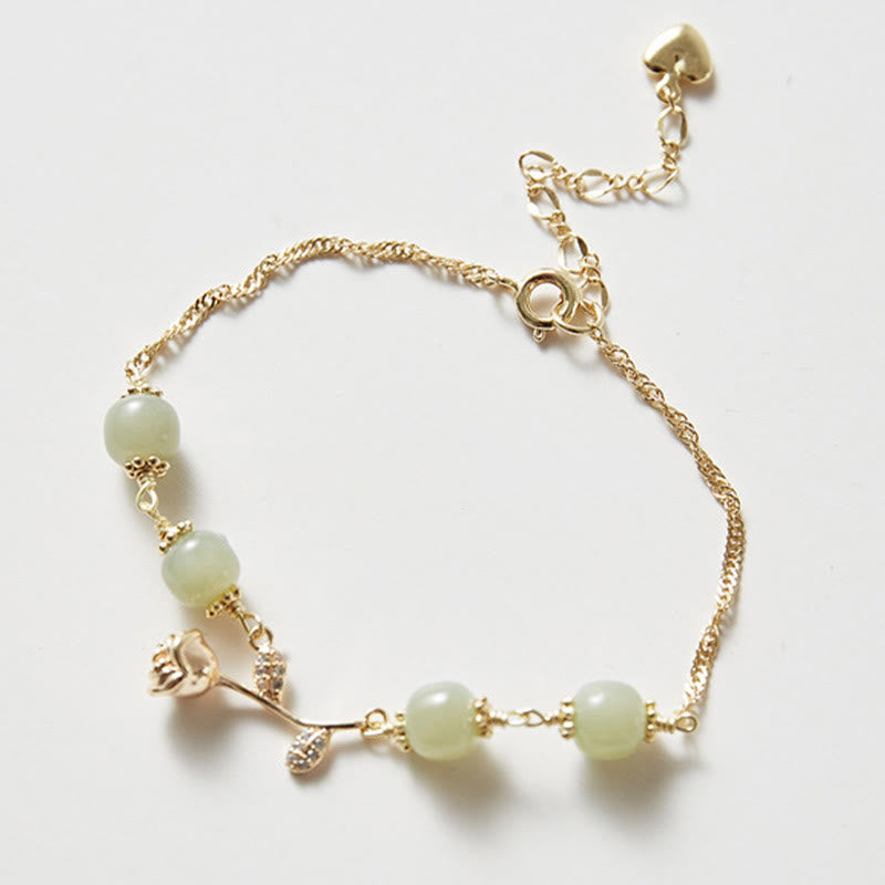 KarmaRipple's 14K Gold Plated Hetian Jade Golden Rose Flower Fortune Chain Bracelet p3