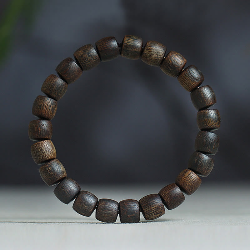 KarmaRipple's Nha Trang Rare Bai Qinan Agarwood Cyan Jade Red Agate Laughing Buddha Tibetan Bone Strength Meditation Bracelet p37