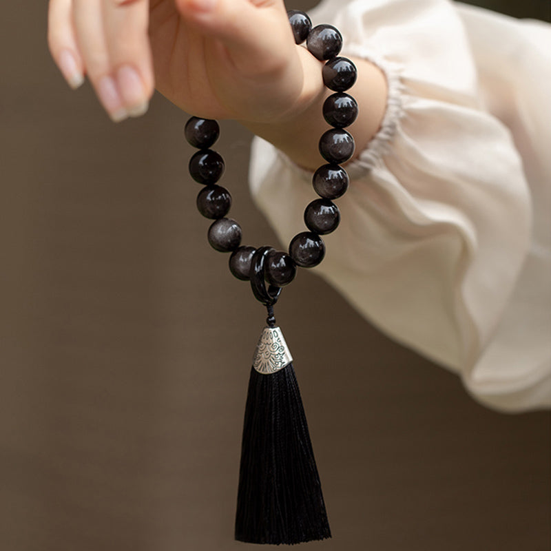 KarmaRipple's Authentic Silver Sheen Obsidian Black Obsidian Lion Wrist Mala Protection Tassels Pocket Mala Car Decoration p7