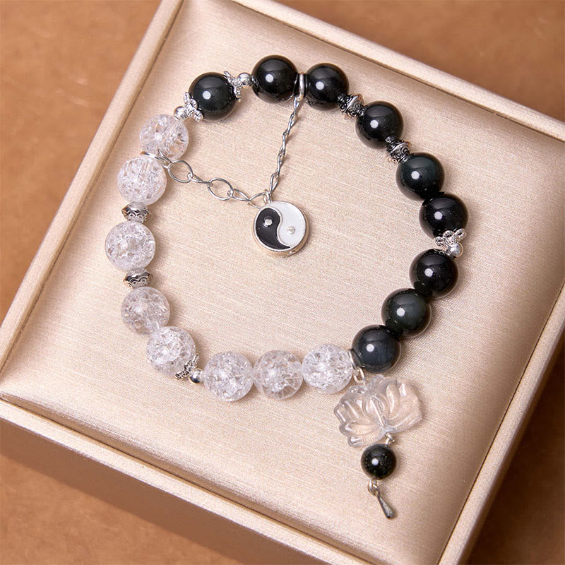 KarmaRipple's Silver Sheen Obsidian Crackle Clear Quartz Black Rutilated Quartz Yin Yang Lotus Protection Bracelet p3