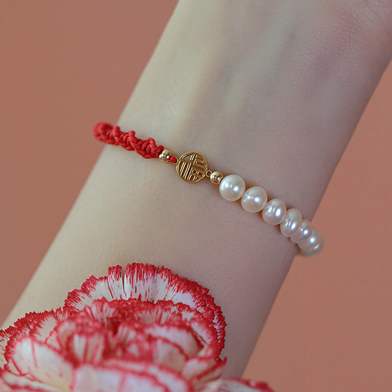 KarmaRipple's 14K Gold Plated Pearl Bead Fortune Protection Braid Red String Bracelet p15