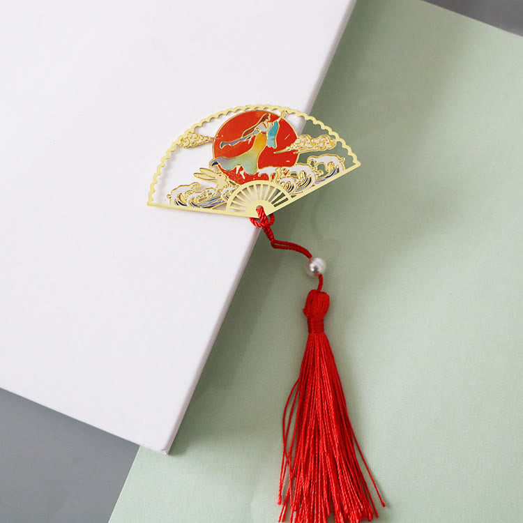 KarmaRipple's Traditional Butterfly Lotus Flower Crane Dragon Phoenix Fox Koi Fish New Beginning Metal Brass Hollow Fan Bookmarks p42