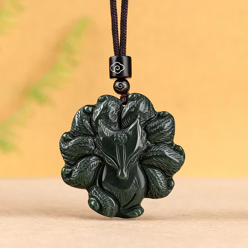 KarmaRipple's Hetian Cyan Jade Nine Tailed Fox Fortune Pendant String Necklace p6