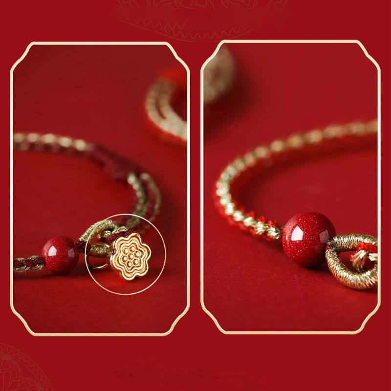 KarmaRipple's Handmade 925 Sterling Silver Lotus Cinnabar Gold Bead Blessing Braid Bracelet p9