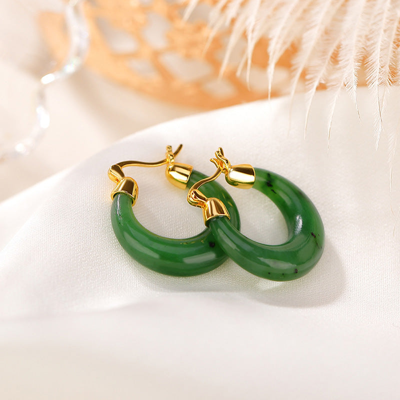 KarmaRipple's 925 Sterling Silver Plated Gold Authentic Round Hetian Cyan Jade Fortune Drop Earrings p2