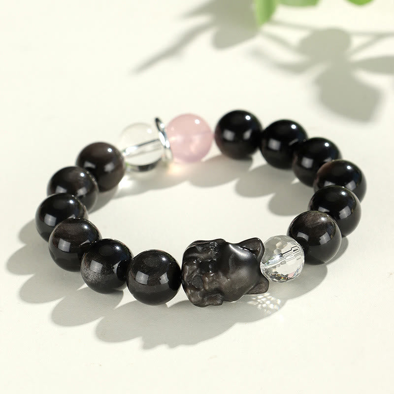 KarmaRipple's Authentic Silver Sheen Obsidian Cat Head Fox Planet Protection Bracelet p15