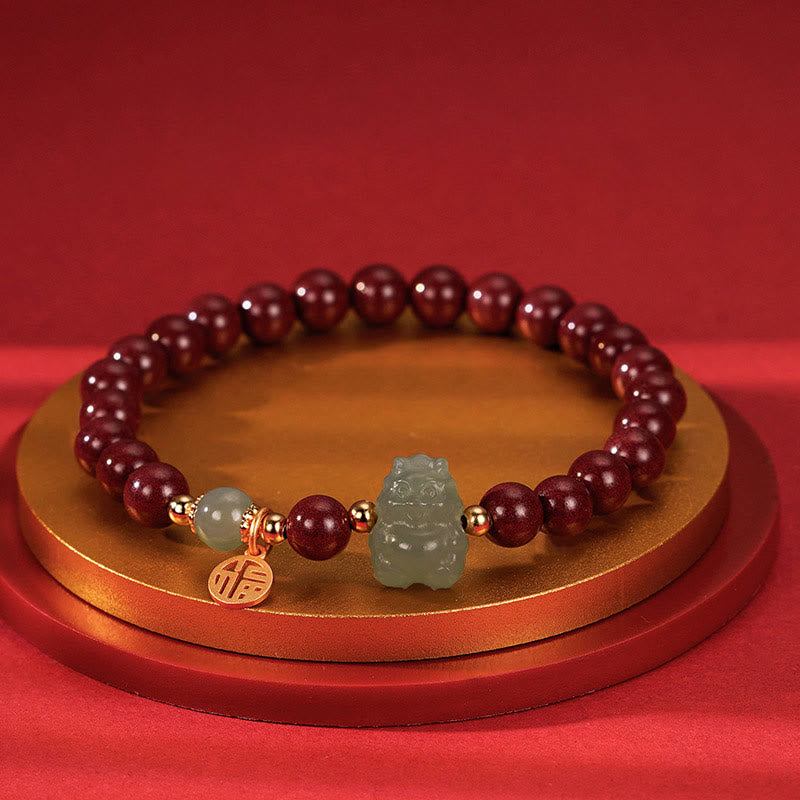 KarmaRipple's 925 Sterling Silver Year of the Dragon Authentic Cinnabar Hetian Jade Dragon Fu Character Ruyi As one'shes Talisman Blessing Bracelet ( p25