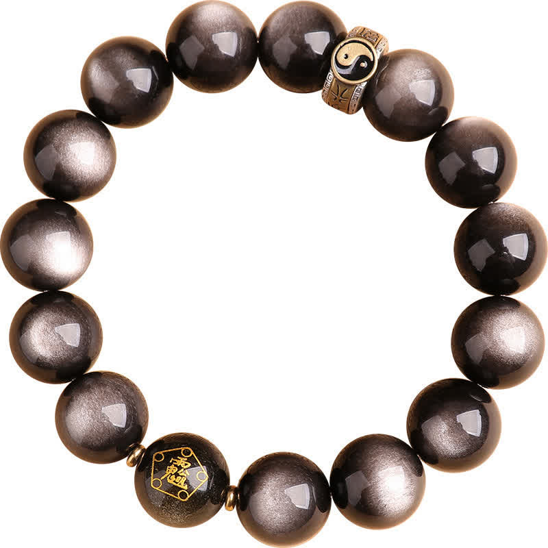 KarmaRipple's 925 Sterling Silver Black Obsidian Gold Sheen Obsidian Silver Sheen Obsidian Yin Yang Protection Bracelet p24