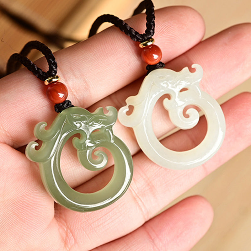 KarmaRipple's Ivory Jade Cyan Jade Dragon Protection Pendant String Necklace p9