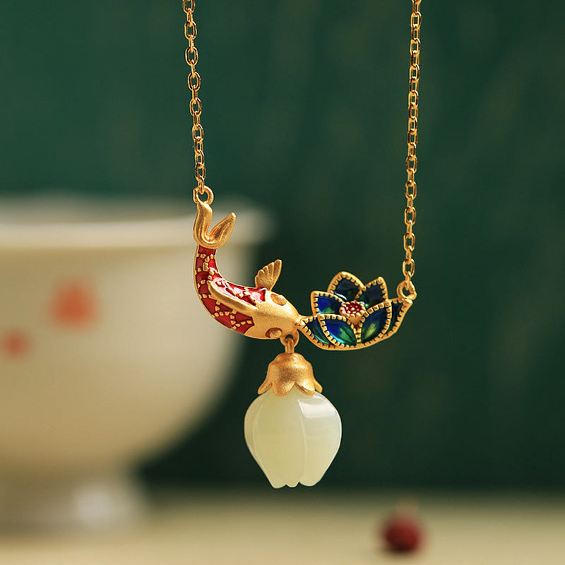 KarmaRipple's 925 Sterling Silver Ivory Jade Koi Fish Lotus Protection Pendant Necklace p1