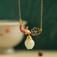 KarmaRipple's 925 Sterling Silver Ivory Jade Koi Fish Lotus Protection Pendant Necklace