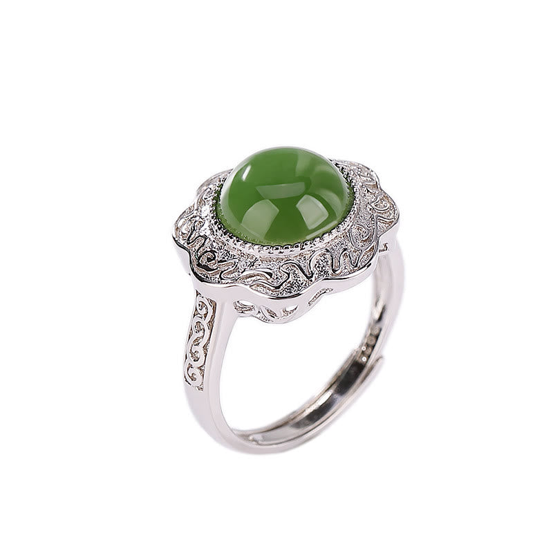 KarmaRipple's 925 Sterling Silver Hetian Cyan Jade Flower Design Fortune Adjustable Ring p6