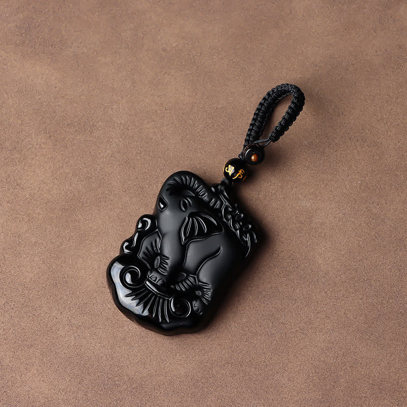 KarmaRipple's Black Obsidian Elephant Protection String Pendant Necklace Key Chain p3