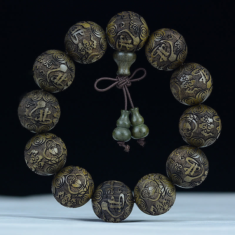 KarmaRipple's Chinese Zodiac Rosewood Ebony Boxwood Bronze Coin PiXiu Carved Warmth Bracelet p44